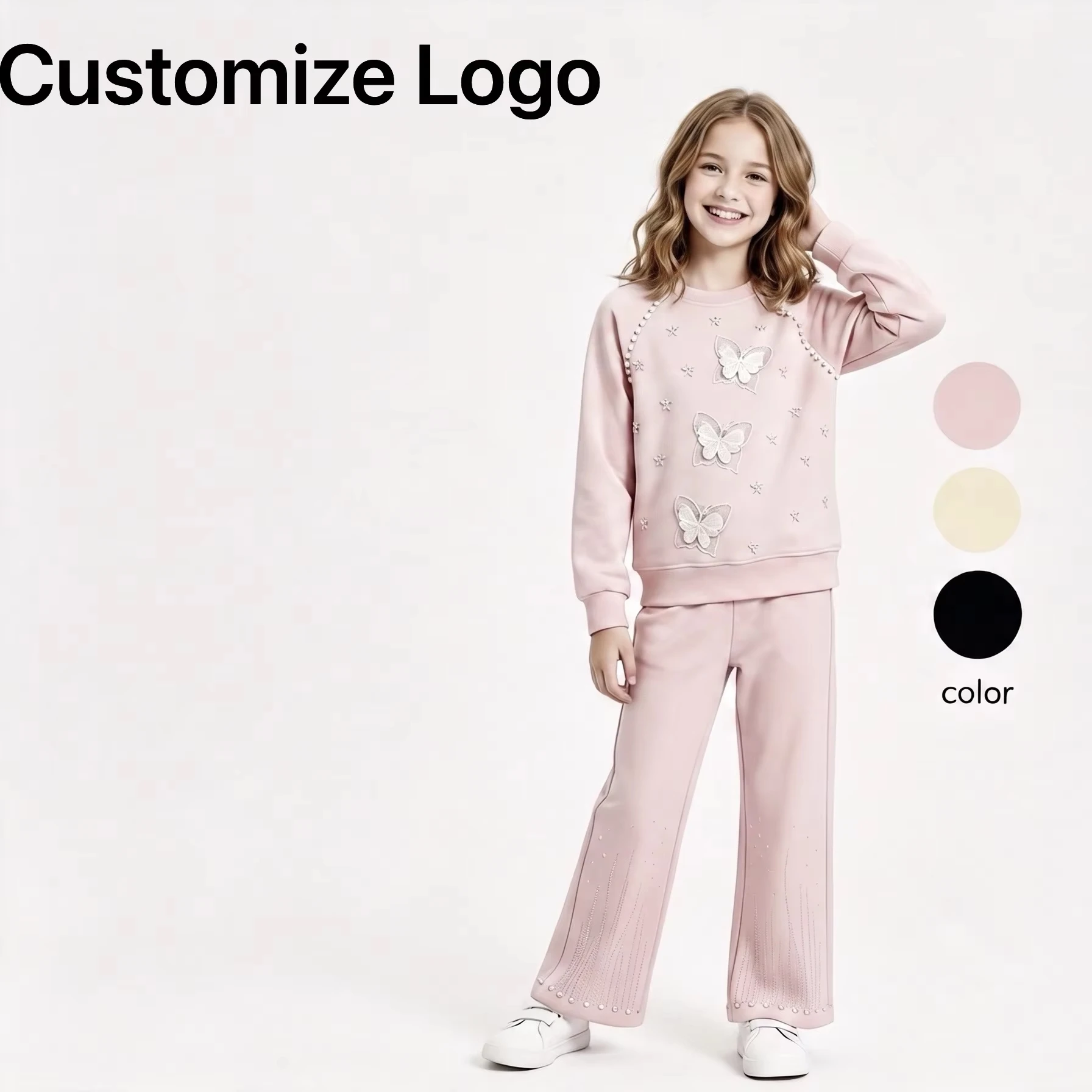 High Qulity Cute Pink Sweat Suit Lace Butterfly Applique Beaded Shoulder Rhinestone Flared Pants 2 Pcs Clothing Set daily wear