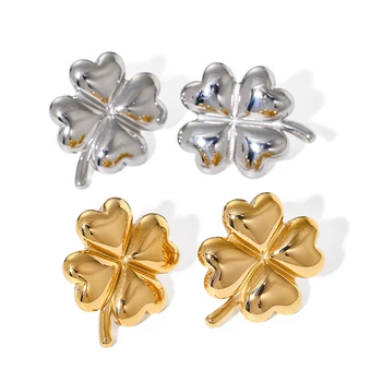 J&D Lucky Leaf  Earring 18K PVD Gold And Silver Plated Stainless Steel Four Leaf Sud Earring For Women