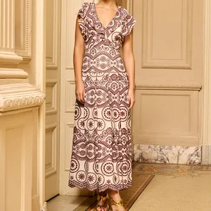 Hot Sell Fashion V-neck Ruffle Sleeve Casual Summer Women Elegant Long Maxi Dress