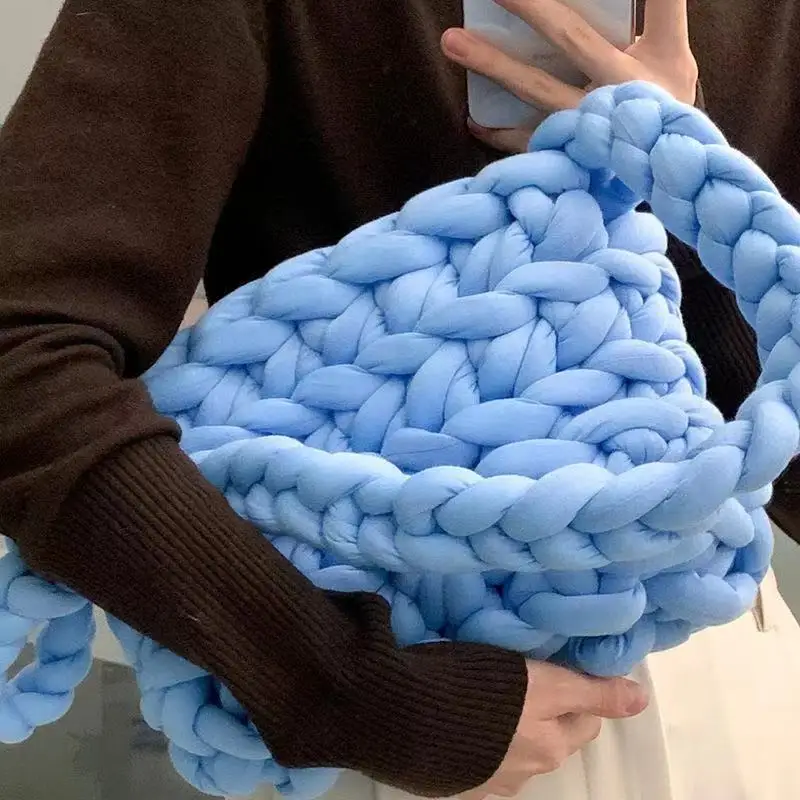 Korean INS Style Handmade Winter Solid Color Knitted Purse Yarn Material Soft Woven Crochet Shoulder Bag