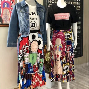 Cheap Wholesale Online Women's Mid-Length A-Line Skirt for Spring Summer New European Print Pattern Casual Elasto Natural