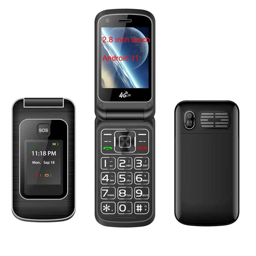 Large Buttons 2.8 Inch LTE Android Quad Core Dual Screen Flippable Smartphone with Touch Screen and 2100mAh Battery