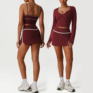 Roregal Women's Yoga Sets Sexy V Neck Casual Yoga Long-sleeved Top Fitness Tennis Skirt Set