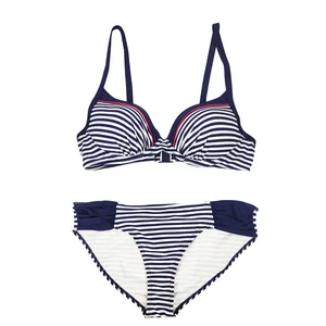 Blue and White Striped Beachwear Push up Top Swimsuit for Ladies Breathable V Neck Two Piece Women's Bikinis Set