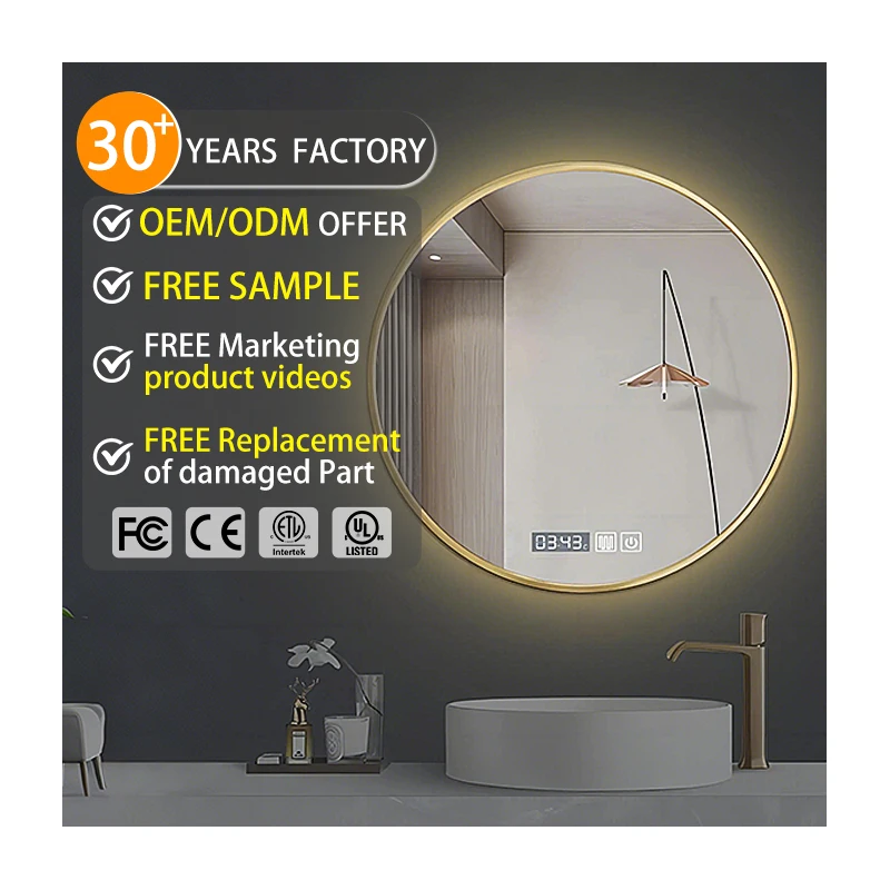 Anti-Fog Lighted Time Temperature Display Bath Mirror Led Bathroom Mirror Makeup Aluminium Framed Mirror with Light