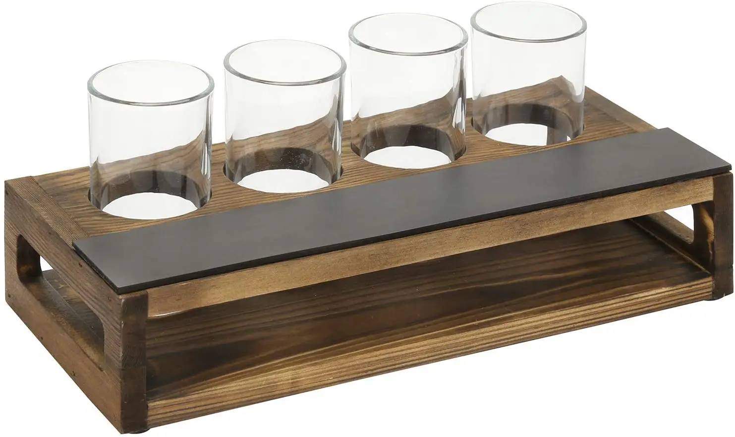 JUNJI 4 Shot Glass Server Tray Rustic Dark Brown Burnt Solid Wood Beer Flight Holder Tasting Sampler Tray Board