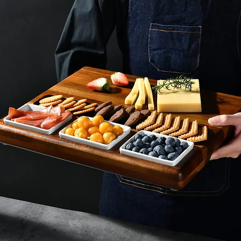 product advanced elegant party kitchen tableware set acacia wood charcoal cheese board 3 removable bamboo ceramic bowls cutting board-10