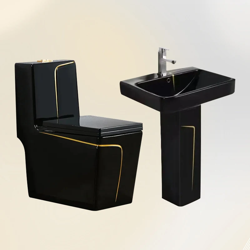 Luxury Black And Gold Bathroom Toilet Modern Square Sanitary Ware WC Ceramic Toilet Sink Set