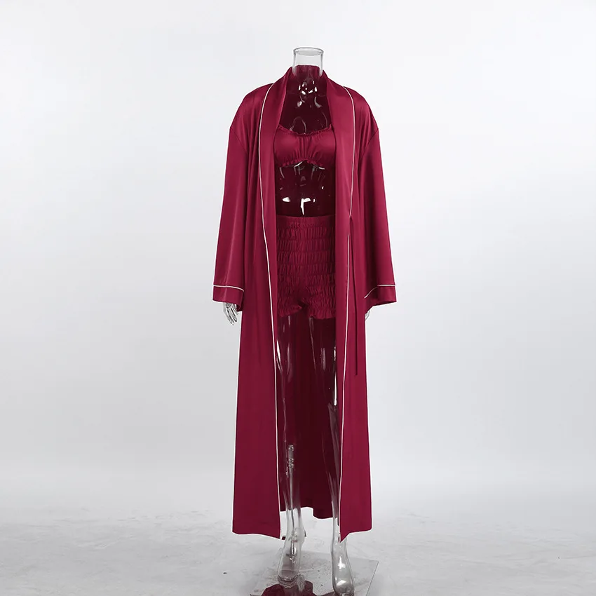2026 New Satin High-end Long Sleeve Nightgown, Lingerie Shorts, and Pajama Three-piece — detail