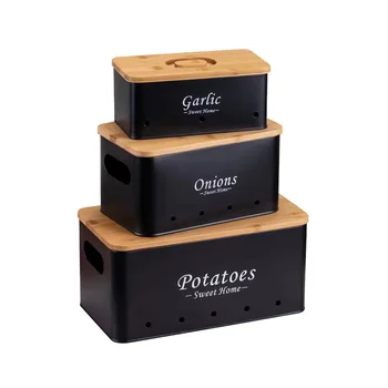 3-Pcs Kitchen Canister Set with Wooden Lid Potato Onion Garlic Storage Box Metal Container with Aeration Holes for Food Storage