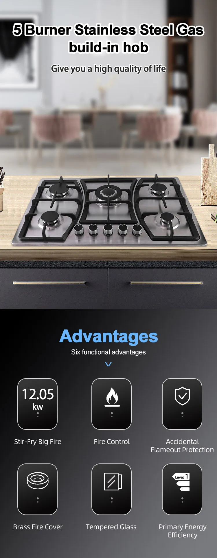 Kitchen Appliances 5 Burner Electronic Ignition Gas Hob Gas Cooker