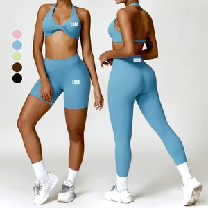 Wholesale Workout Running Activewear Beautiful Back Sports Bra Solid Pattern Butt Lift Leggings 3 Piece Women's Sportwear Set