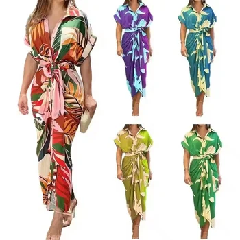 Foreign trade women's large size embroidered bright silk gauze dress dress fashion slim V-neck mid-length dress son