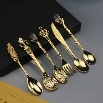 Vintage Carved Coffee Spoon Teaspoon Retro Zinc Alloy Dessert Coffee Tableware Spoons Cutlery Kitchen