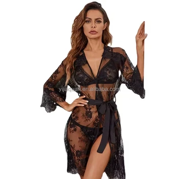 Sex appeal Wide lace perspective Deep V frenum robe Comfortable loungewear Sexy underwear Sexy pajamas