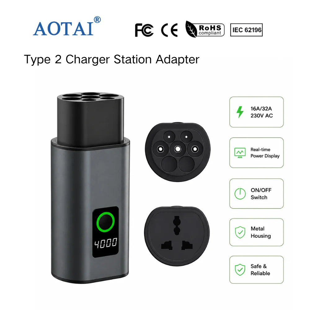 AOTAI New 16A 230V AC Type 2 to Universal Socket Adapter with Aluminum Alloy Housing and ON/OFF Switch
