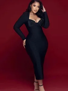 2026 New European American Fashion Dress Diamond Beaded Knee-Length Long Sleeve Women's Party Sexy Evening Dress