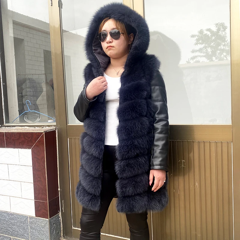 Fox Fur Hood Girls Black Fur Coats Wholesale Winter Fur Jacket