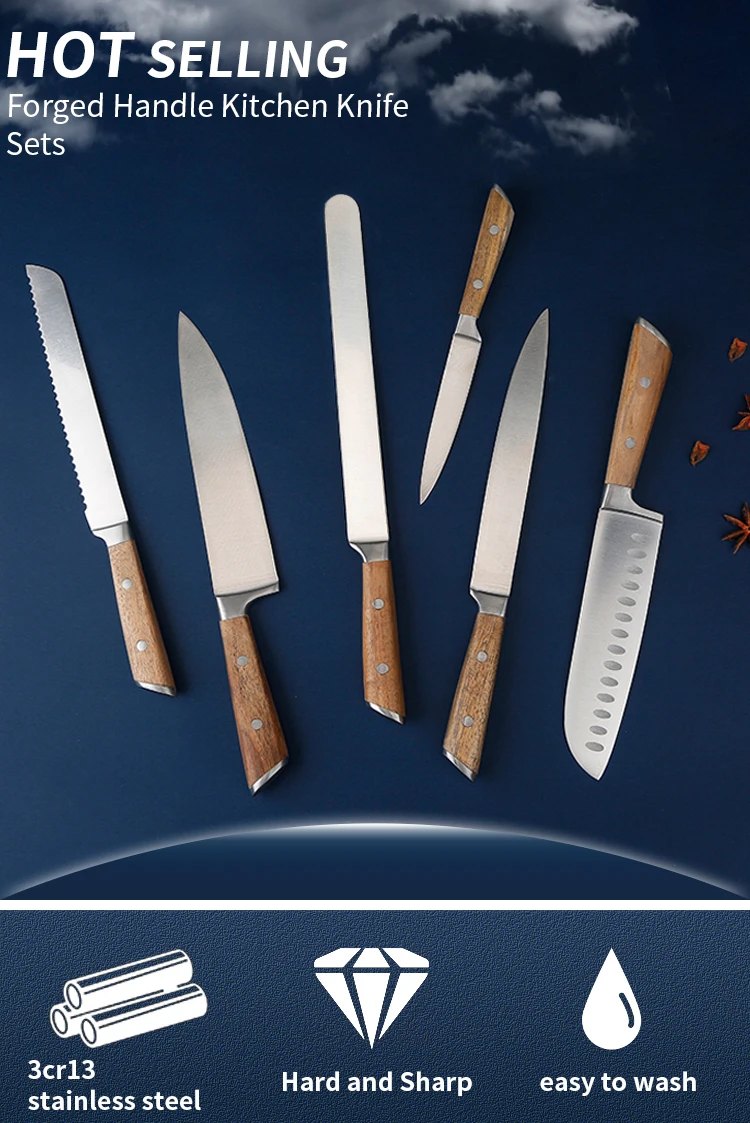 Bulk Wholesale Knives 6 Pcs Stainless Steel Acacia Handle Ham Meat