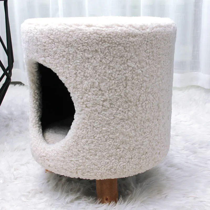 Customized Modern Seat Living Room Furniture Fake Fur Pet House Storage Ottomans Stool Chair with Wooden Legs