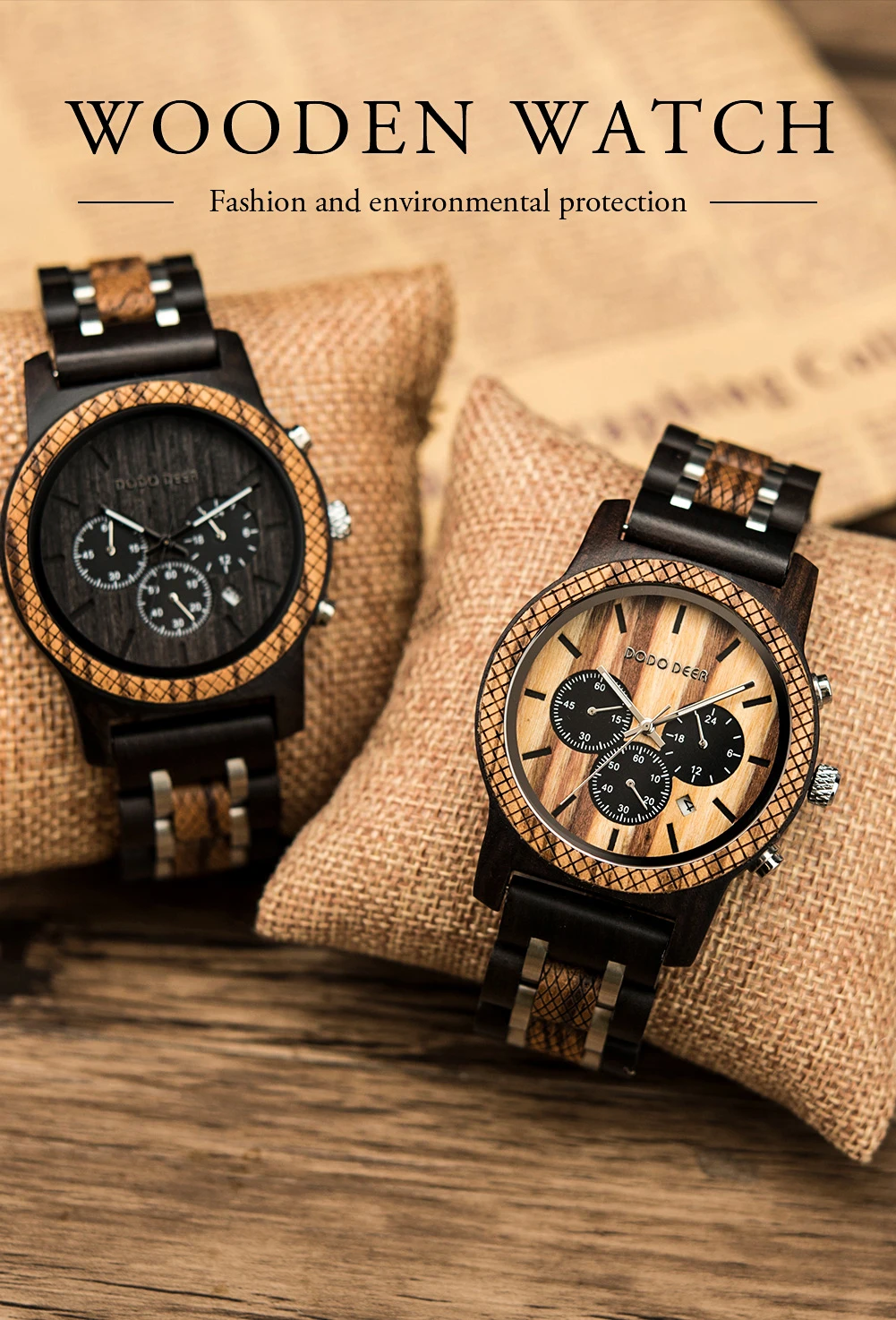 DODO DEER Men's Chronograph Wooden Watch with Natural Wood Bracelet - Eco-Friendly Timepiece