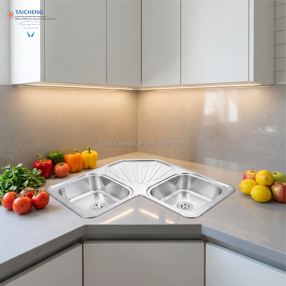90x90x21cm 201 Stainless Steel Corner Double Bowl Kitchen Sinks with Draining Board