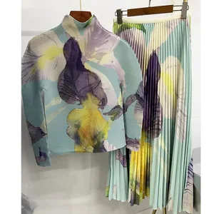 Summer 2025 Women Clothing Pleated Long Sleeve Shirt and Printed Long Pleated Skirt 2 Piece Set Women Plus Size Women's Sets