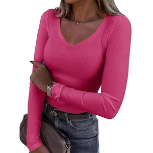 Spring and Summer Women's Threaded groove Strip Slim Fit Long Sleeved Sexy V-neck Casual T-shirt