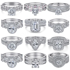 Luxury Lab Diamond Rhodium Plated 925 Sterling Silver 3-Piece Wedding Ring Set with Prong Setting for Couples Engagement