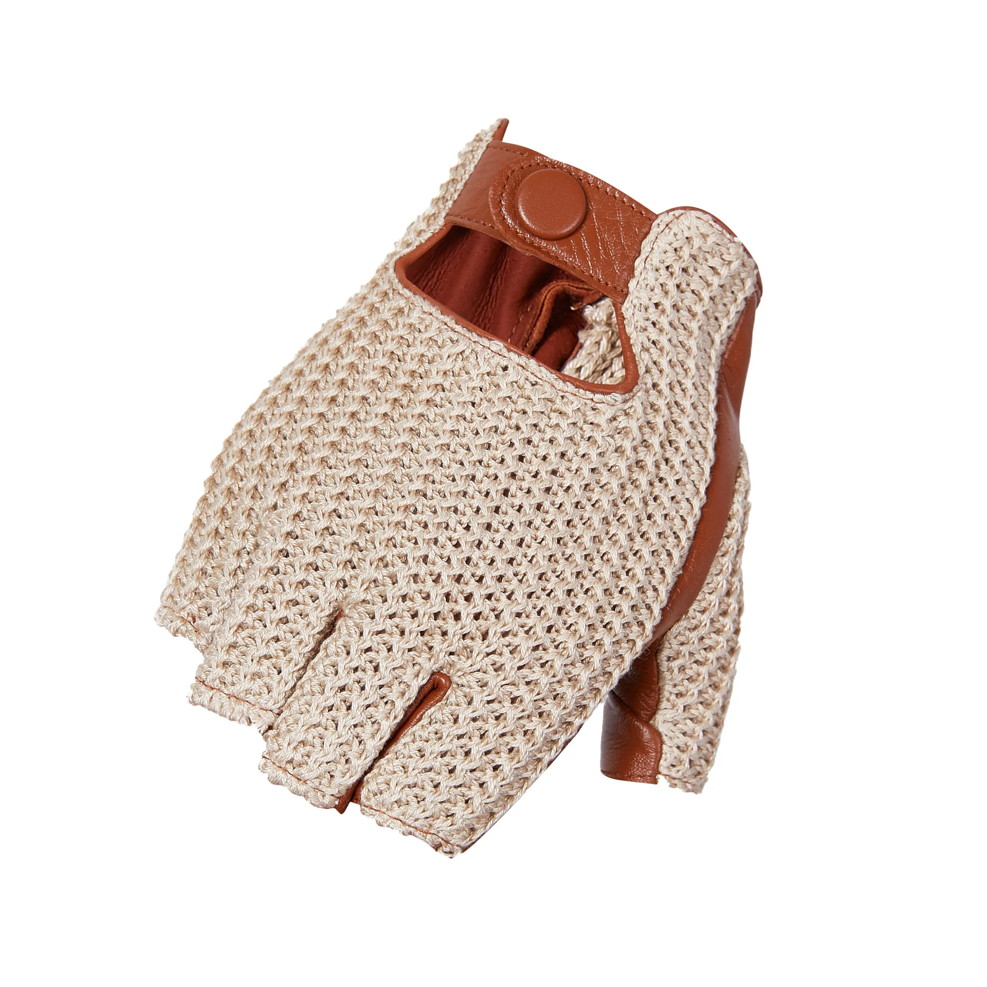Crochet Fingerless Driving Gloves Brown | Café Leather