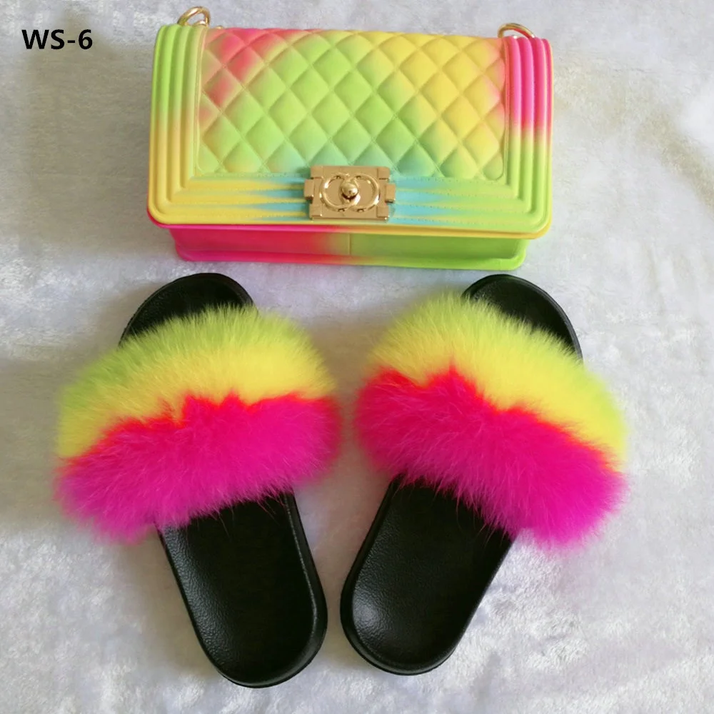 luxury designer bags rainbow genuine fox  fur slippers and purse sets