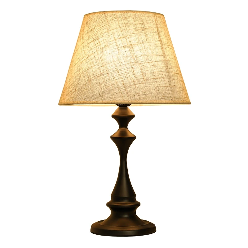Retro Bedside Table Lamp Linen Fabric Lamp Shade Metal Lamp Base For