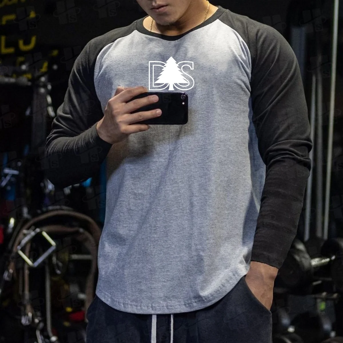 Wholesale Man Clothing Two Tone T Shirt Block Color Tee Embroidered Long Sleeve Raglan Patchwork Tshirt for Men