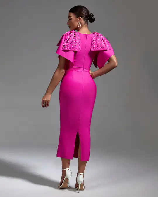 Ocstrade Wholesale Short Sleeves Pink Bandage Dress Vestido Beaded Dresses Luxury Summer Elegant Casual Dresses With Big Bow