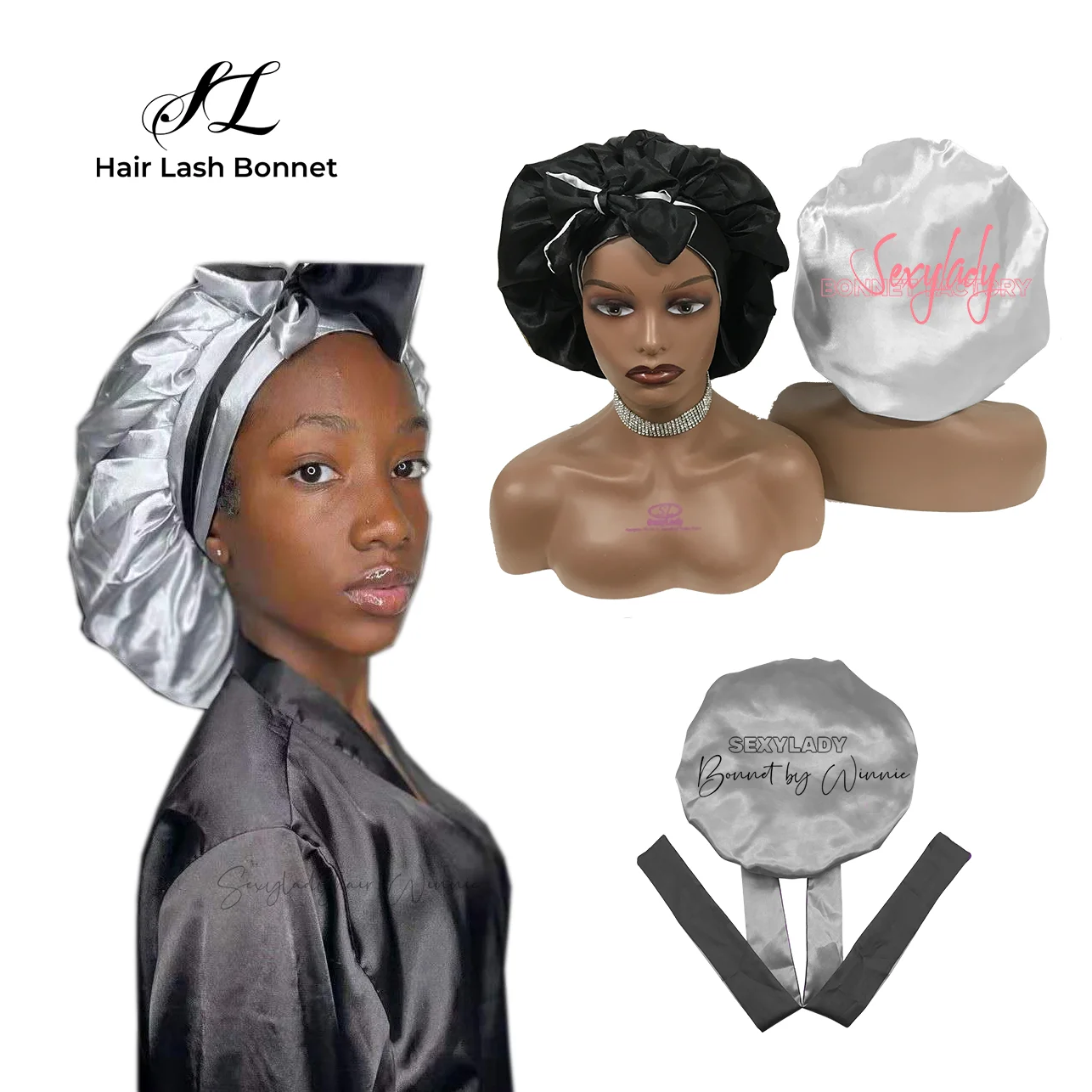 Wholesale free sample bonnets and satin hair wraps long band