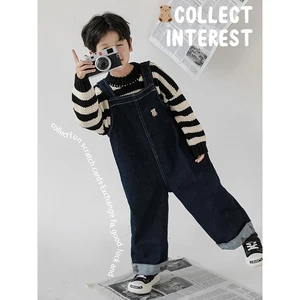 Boys' Bear Fold-Over Printed Embroidered Adjustable Denim Overalls for Autumn New Children's Handsome Trousers