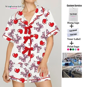 Custom Print Pajama Stylish Loungewear Valentines Day love Heart Bow Pajamas for Women Set