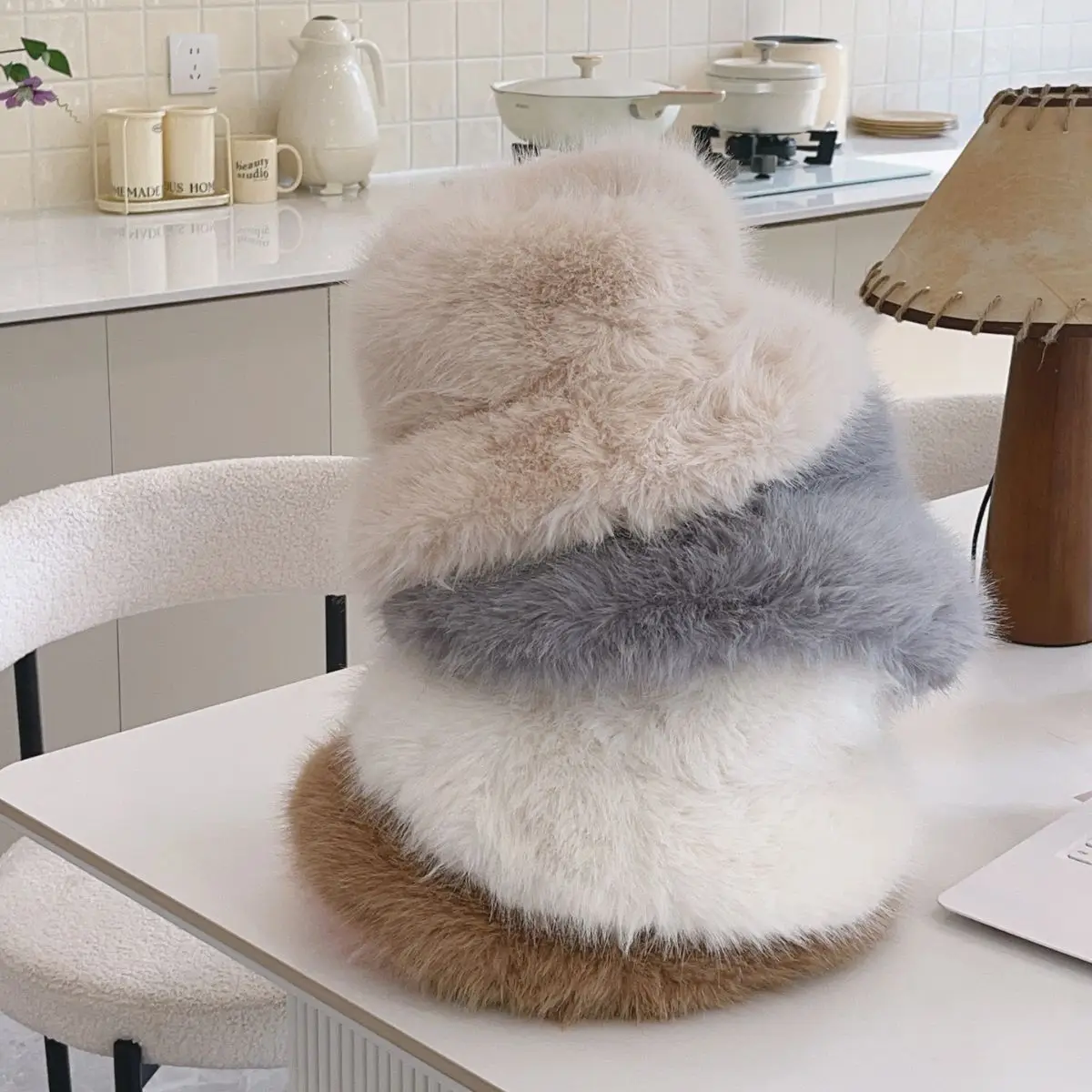 Produktbild von Overszed Fluffy Faux Fur Bucket Hat For Women Trendy Sold Color Warm Thck Plush Basn Hats