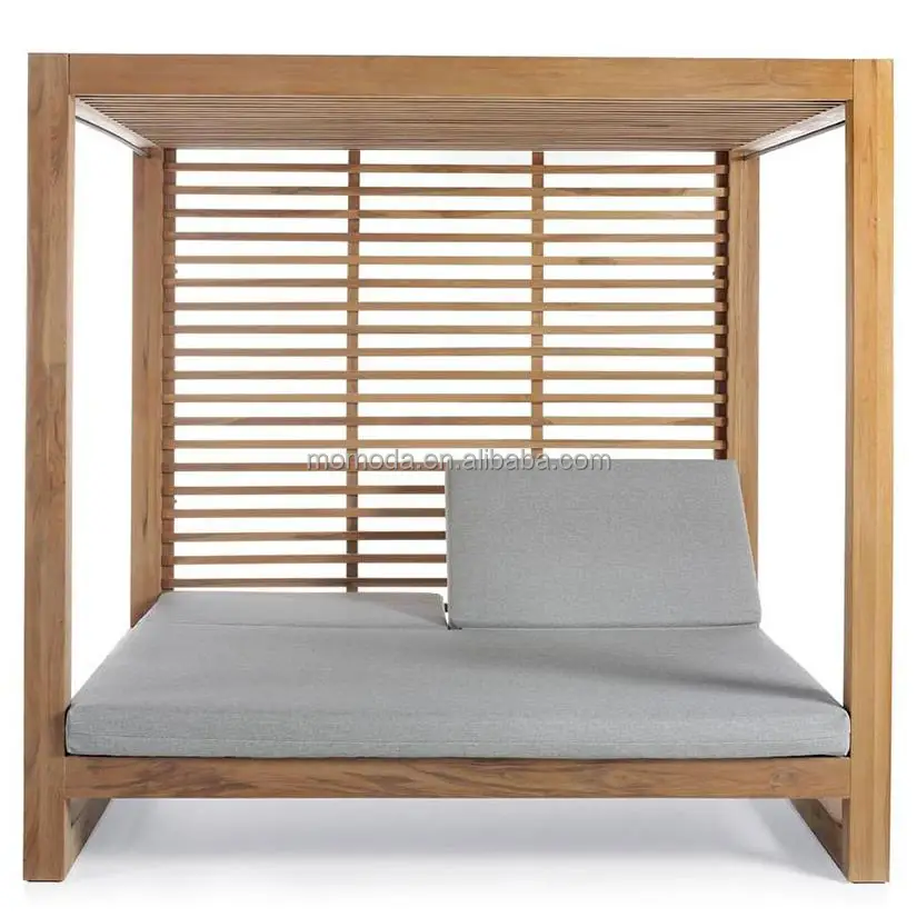 Luxury Modern Style Poolside square Chaise Sunbed Canopy Outdoor Teak Wood Daybed With Curtains