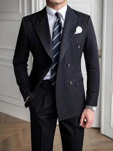 Hot Banquet Gold Stripe Double-breasted Elegant British Business Casual Retro Woolen Mandarin Collar Men Button Fly Flat Suits