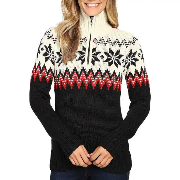 Custom Logo Turtleneck Neck Wool Fair Isle Jacquard Half Zip Sweater Knit Pullover Cloth Warm Norway Skiing Sweater Women