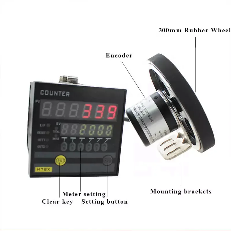 Digital Length Meter Counter With 400P Encoder & Dual Relay Outputs - Measures Cable, Tubing, Film - Adjustable Alarm, 6-Digit Display