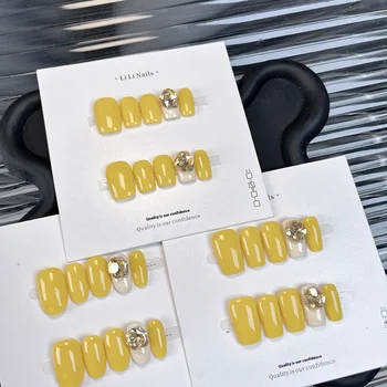 Summer White Short Advanced Nail Patch Diamond Phototherapy Mustard Yellow Pure Hand-Wearing Nail Art Wholesale Design