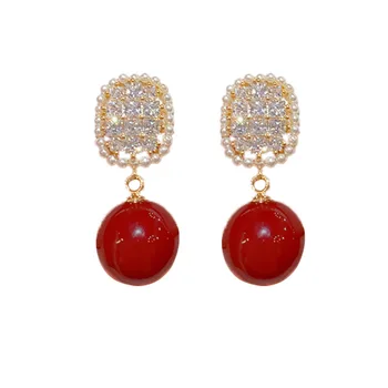 S925 Silver Needle Square Zircon Red Pearl Earrings Women Exquisite Temperament Joker Design High Sense Gold Trendy Wholesale