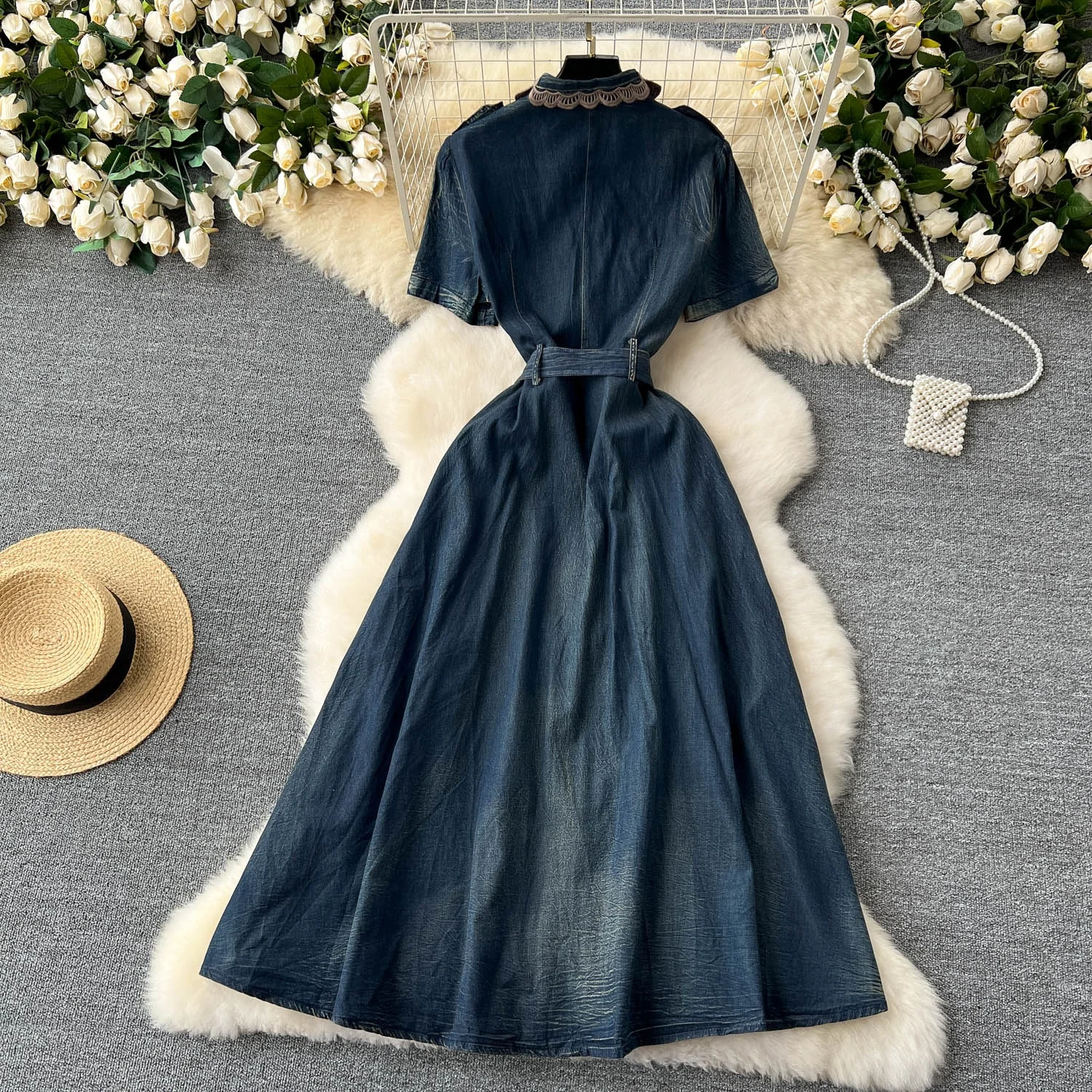 Vintage Washed Denim Dress Women Lace Doll Collar Waisted Short Sleeve Long  Shirt Denim Dresses
