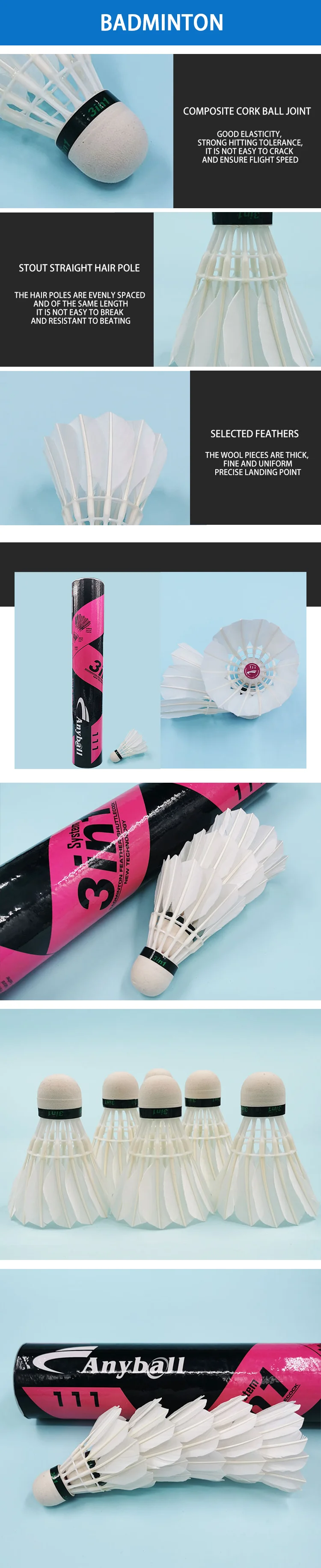 Factory price anyball shuttlecock 3in1 goose feather badminton shuttlecock for sports training factory