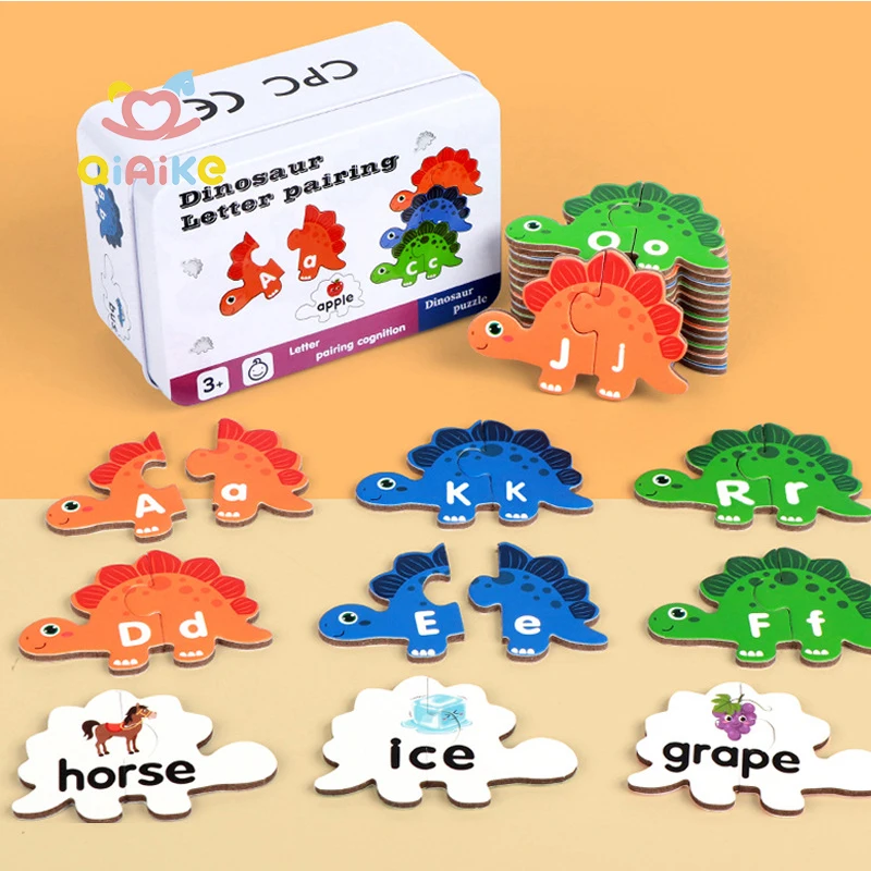 Qiaike（チャイケ）恐竜モチーフ木製知育パズル（2～4歳向け）－アルファベット対応型ジグソーパズル玩具