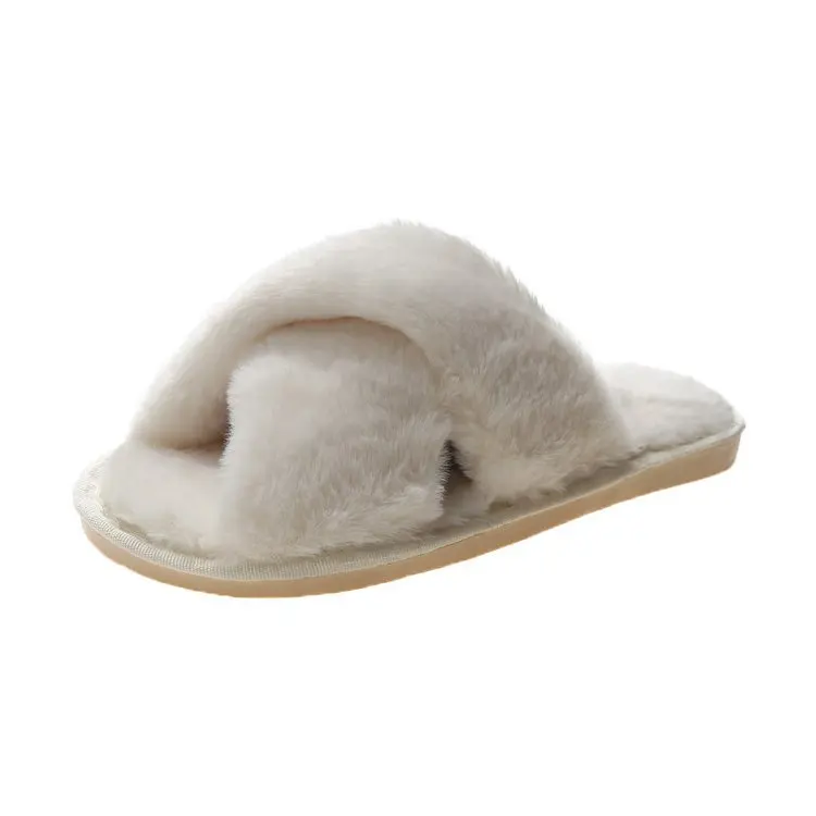 Woolly cotton slippers autumn and winter new women's flat open toe home cross plush slippers