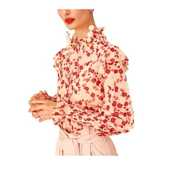 New fashion shirt red small floral print ruffled puff sleeve loose blouse