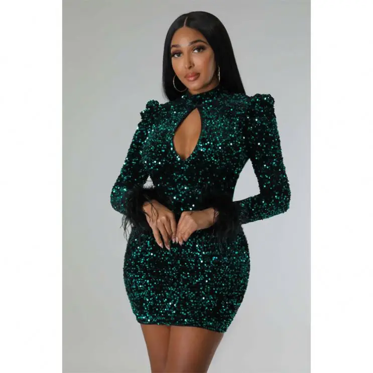 Feather Long Sleeve Sequin Bodycon Dress Front Hole Backless Luxury Club Party Chic Slim Fit Dresses For Ladies Alibaba